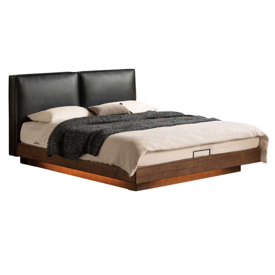 Sandalwood, Black Walnut Solid Wood Genuine Leather Suspended Bed with Light