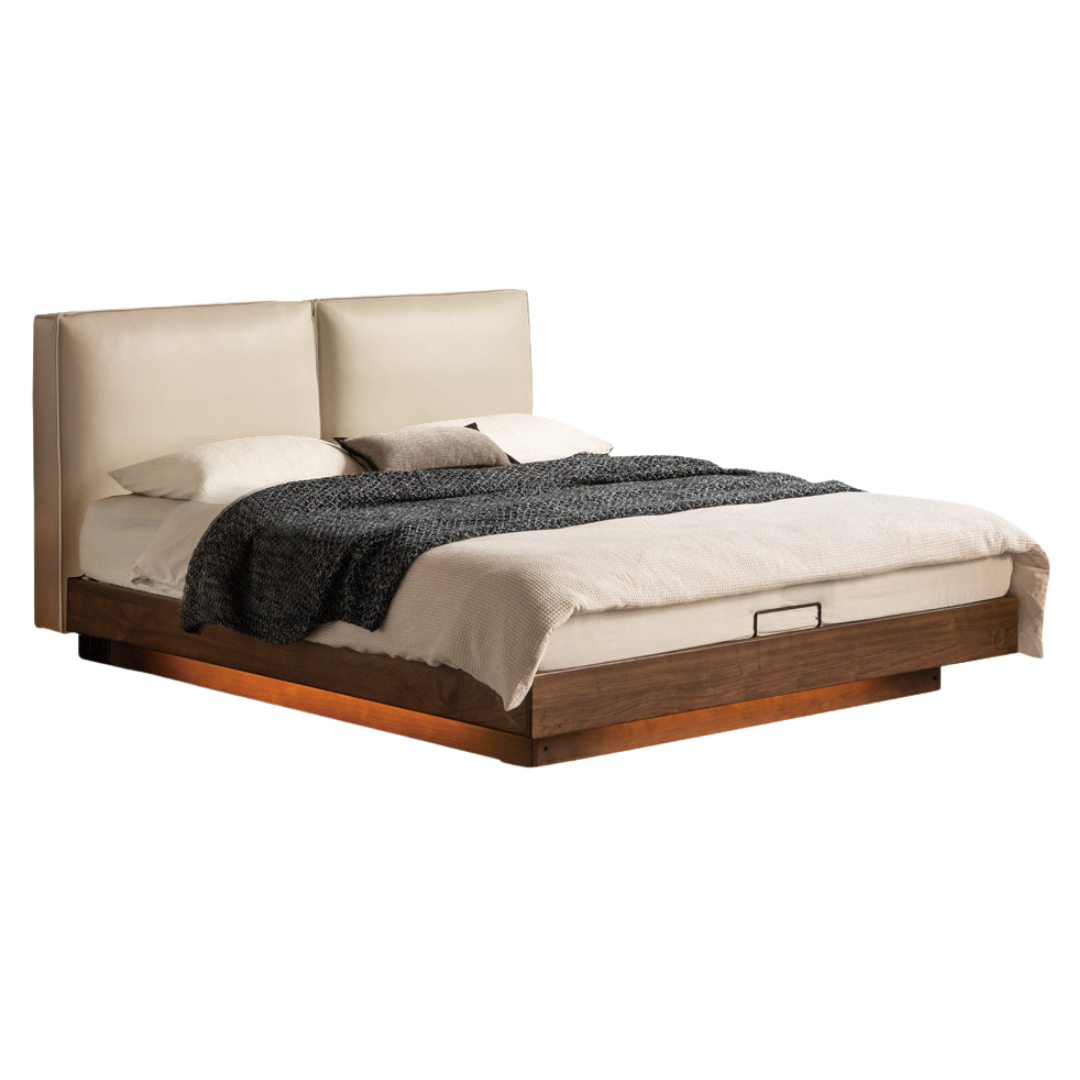 Sandalwood, Black Walnut Solid Wood Genuine Leather Suspended Bed with Light