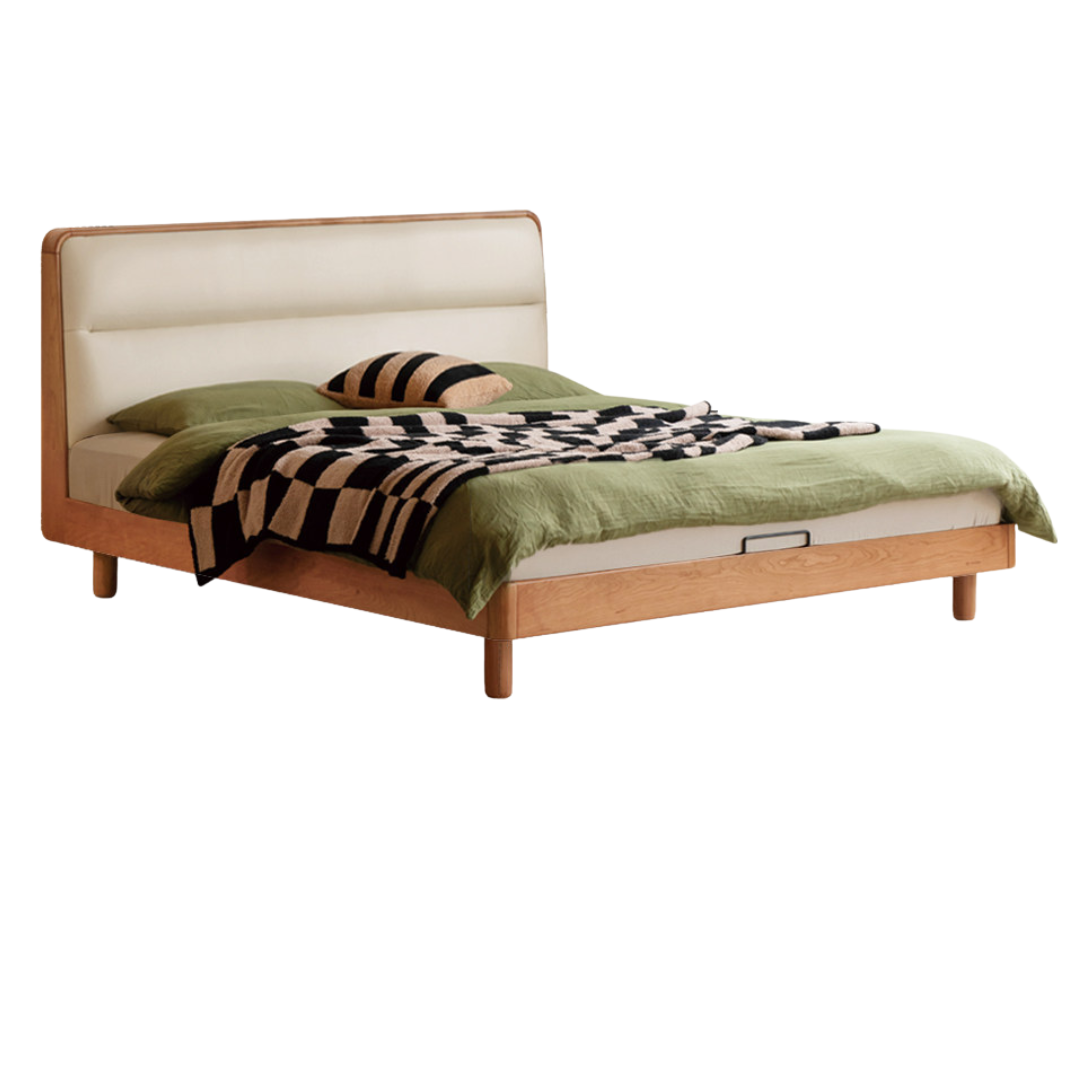 Cherry Solid Wood Bed with Retro Edge and Soft Headboard