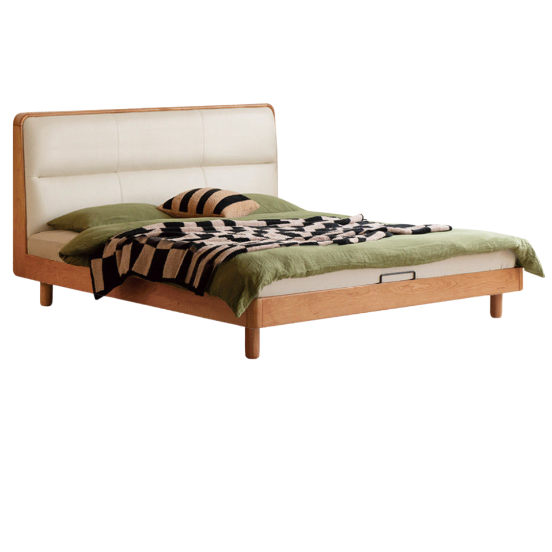 Cherry Solid Wood Bed with Retro Edge and Soft Headboard
