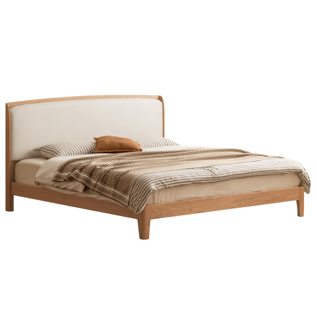 Oak Solid Wood Bed — Modern Minimalist, Genuine Leather Upholstered Bed