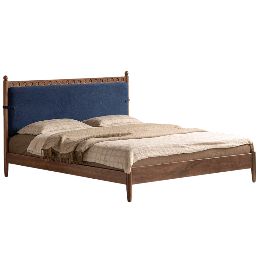 Black Walnut Solid Wood Bed — French Retro Style with Soft Backrest and Genuine Leather Upholstery