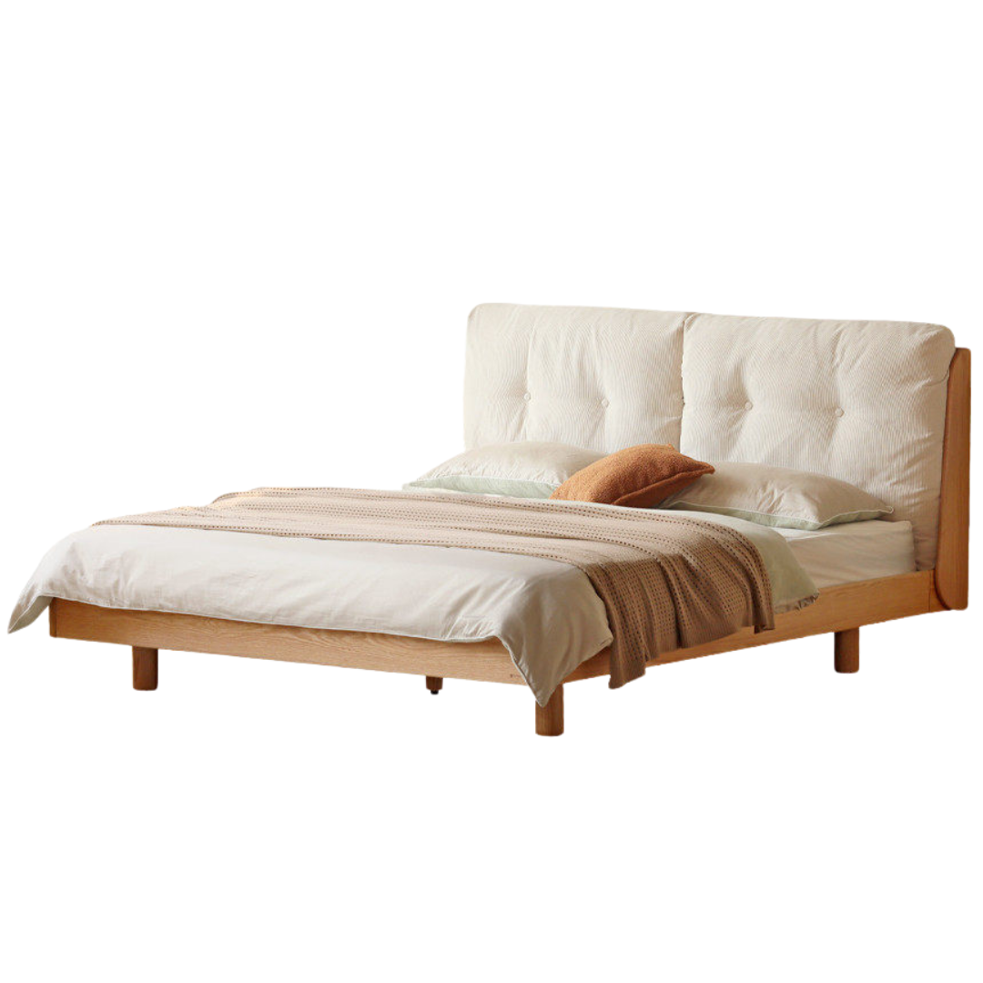 Oak Solid Wood Bed — Modern Minimalist, Genuine Leather Upholstered, Floating Design with Light