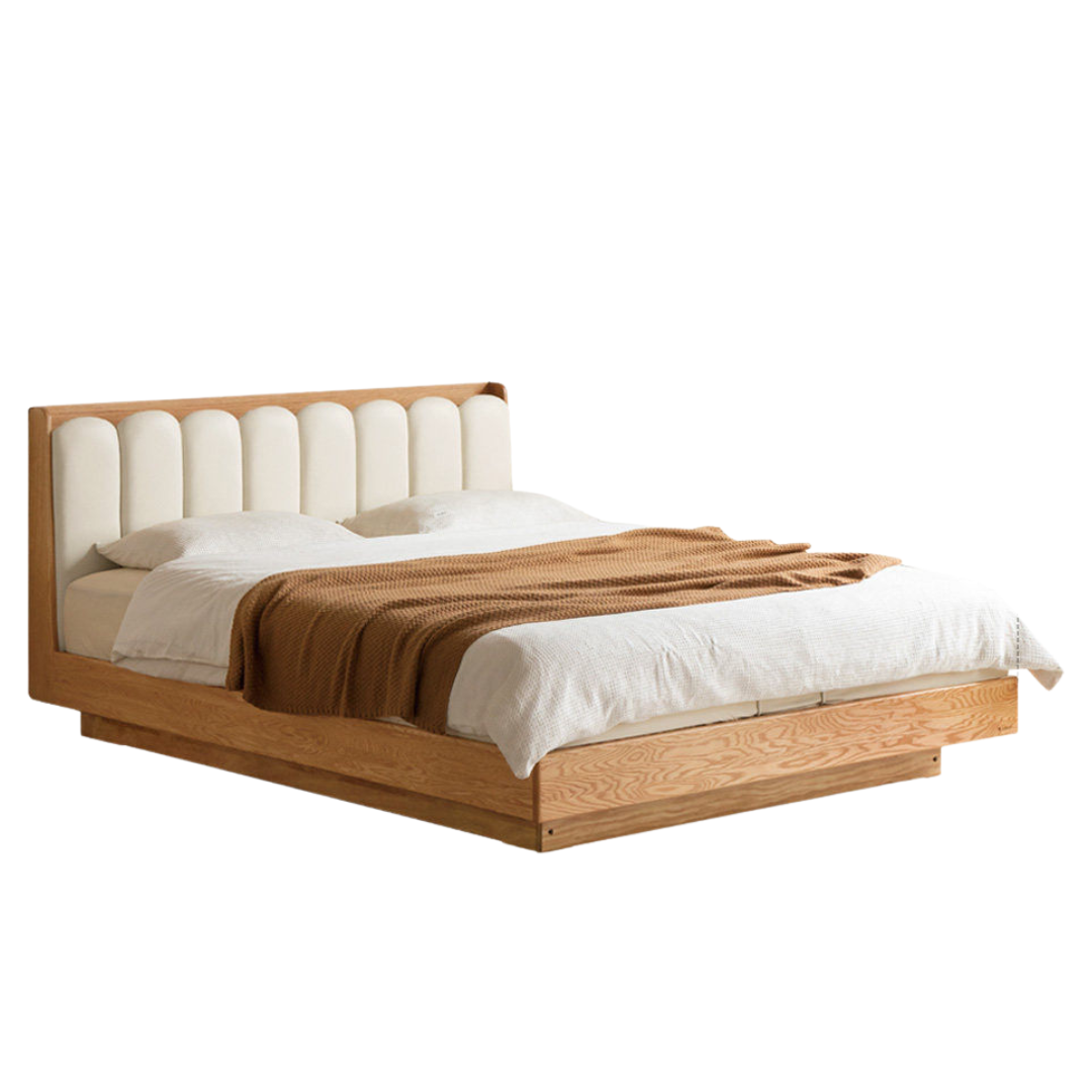 Oak Solid Wood Box Bed — Suspension and Upholstered with Genuine Leather Piano Key Design