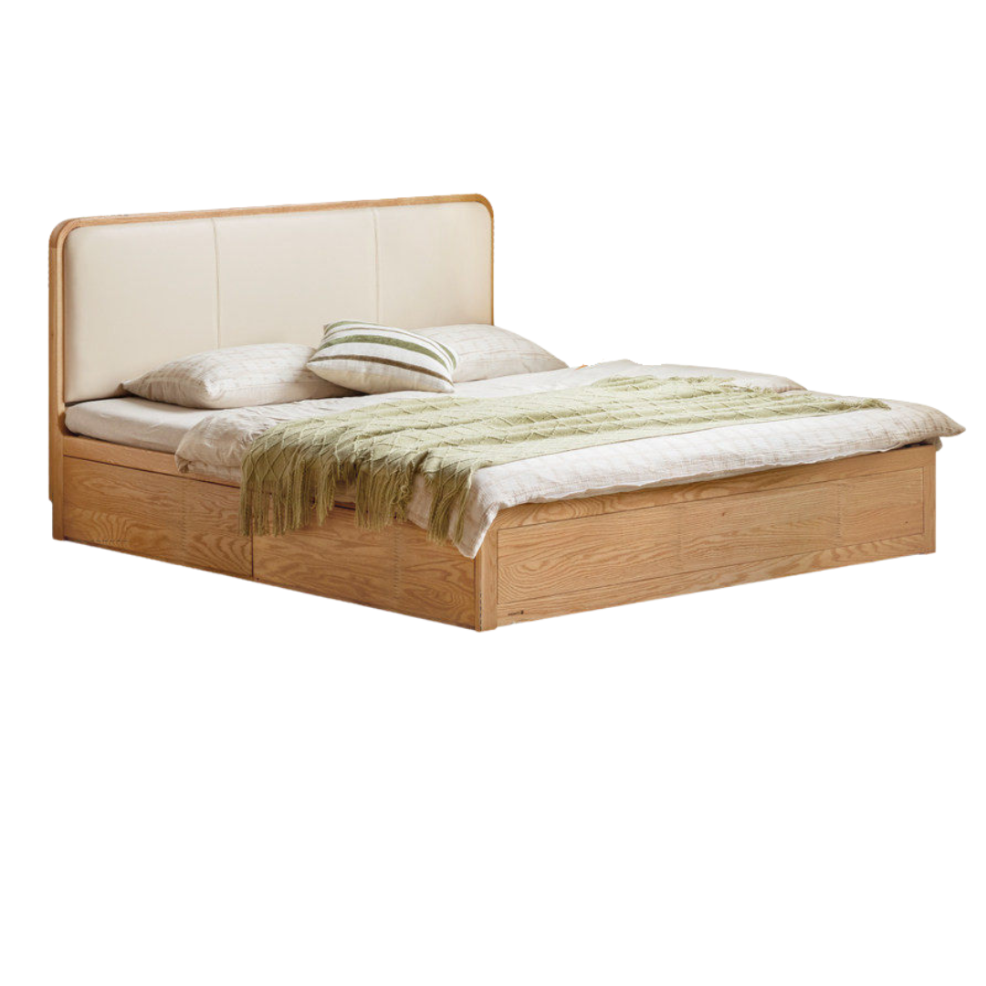 Oak, Rubberwood Solid Wood Genuine Leather, Eco-leather Box Bed