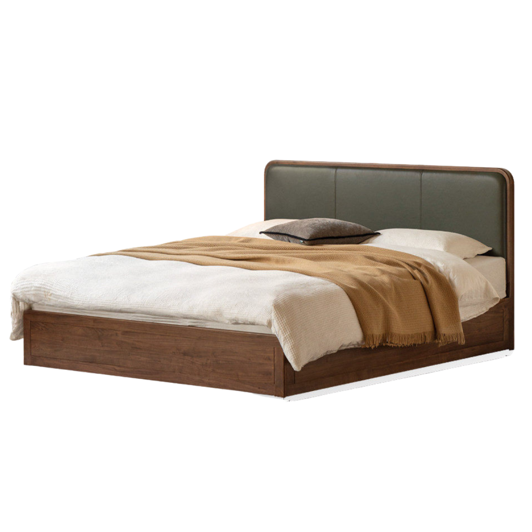 Black Walnut Solid Wood Box Bed — Soft Headboard, Italian Light Luxury Genuine Leather Bed