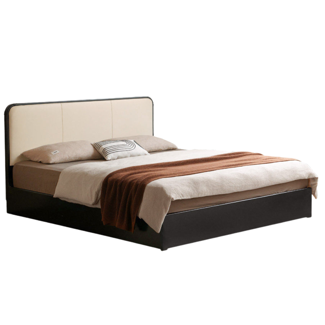 Rubberwood Solid Wood Box Bed — Modern Minimalist Black Upholstered Bed with Storage and Genuine Leather