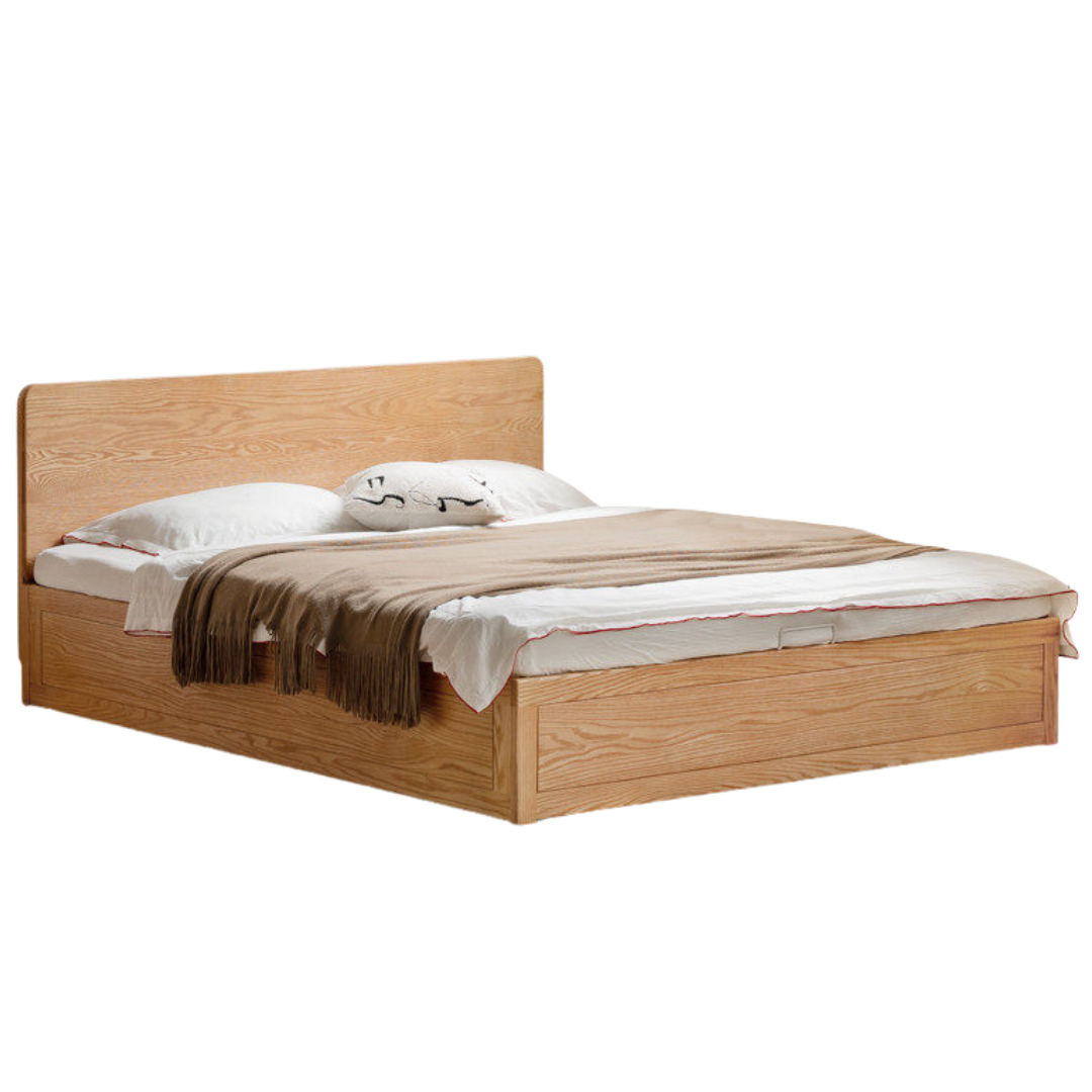 Oak, Beech Solid Wood Box Bed — Minimalist Side-Opening Storage Bed
