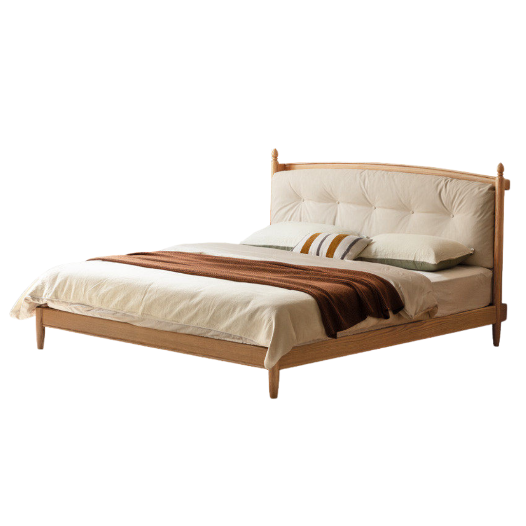 Oak Solid Wood Bed — Modern Minimalist with Genuine Leather and Soft Headboard