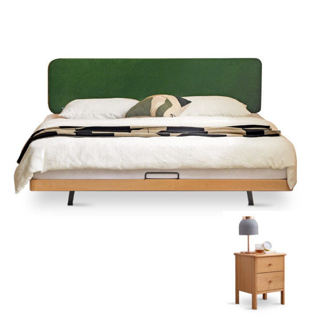 Beech Solid Wood Upholstered Bed — Retro Style with Floating Design, Luminous Light, Luxury Finish