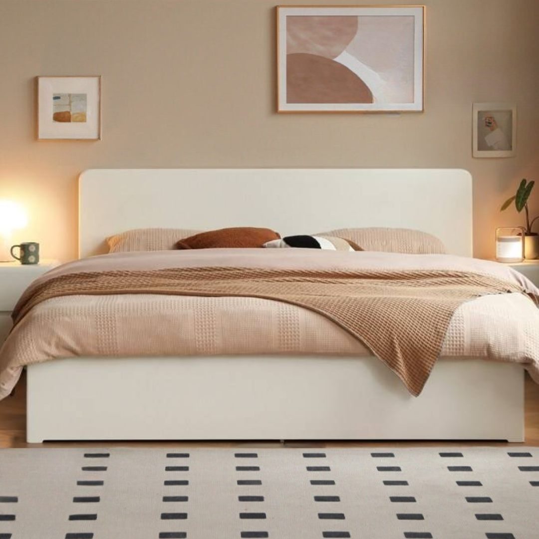 Rubberwood Solid Wood Bed — Modern Minimalist White Box Design