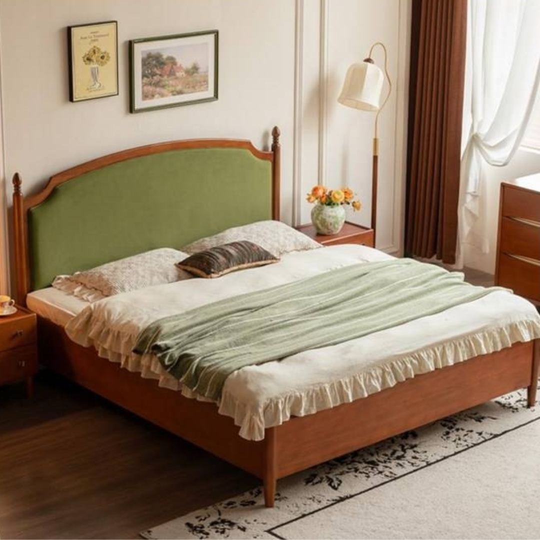 Poplar Solid Wood Box Bed — French Retro Style with Soft Backrest and Mid-Fashion Design
