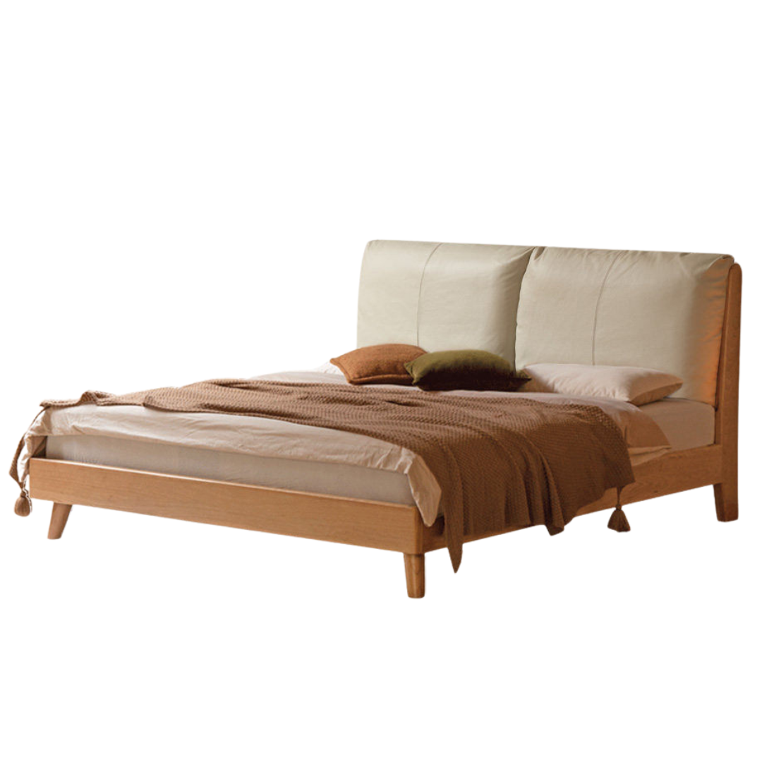 Cherry Solid Wood Bed — Retro Style with Genuine Leather Upholstery