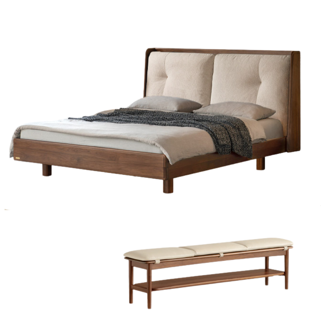 Black Walnut Solid Wood Italian Light Luxury Genuine Leather Soft Bed