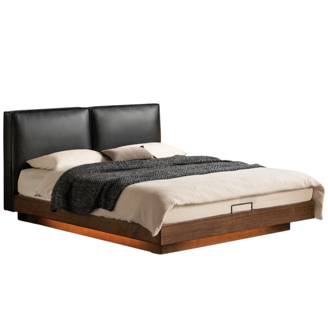 Black Walnut Solid Wood Box Bed — Italian Light Luxury, Genuine Leather Upholstered Headboard