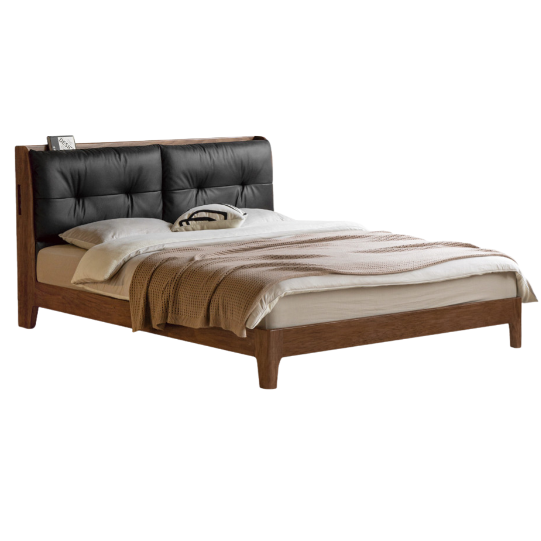 Black Walnut, Sandalwood Solid Wood Bed — Genuine Leather Upholstered, Simple Luxury Design