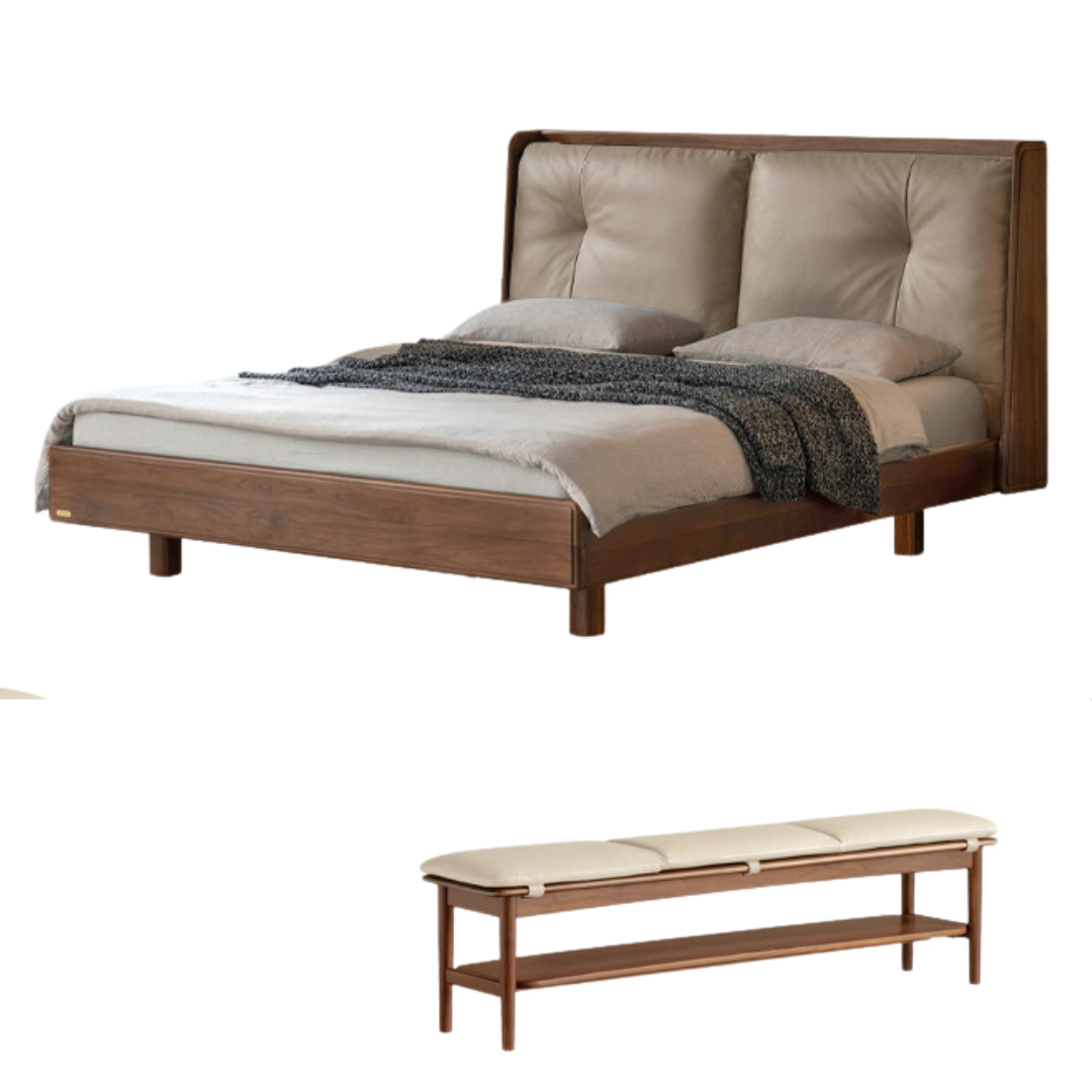 Black Walnut Solid Wood Italian Light Luxury Genuine Leather Soft Bed