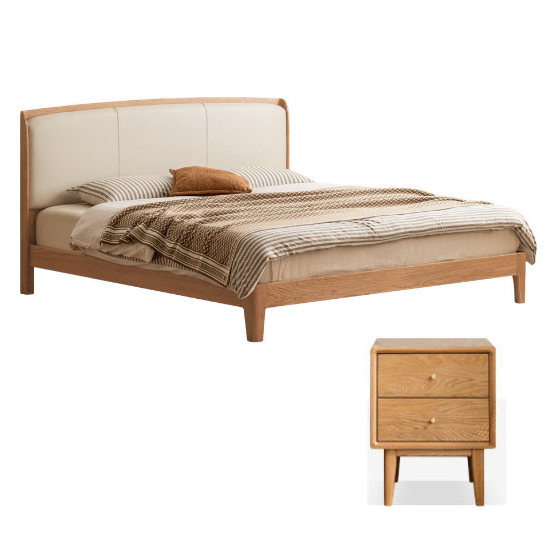 Oak Solid Wood Bed — Modern Minimalist, Genuine Leather Upholstered Bed