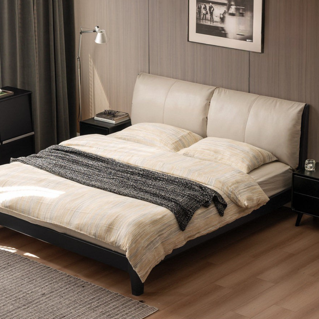 Rubberwood Solid Wood Bed — Modern Minimalist Design with Upholstered Genuine Leather