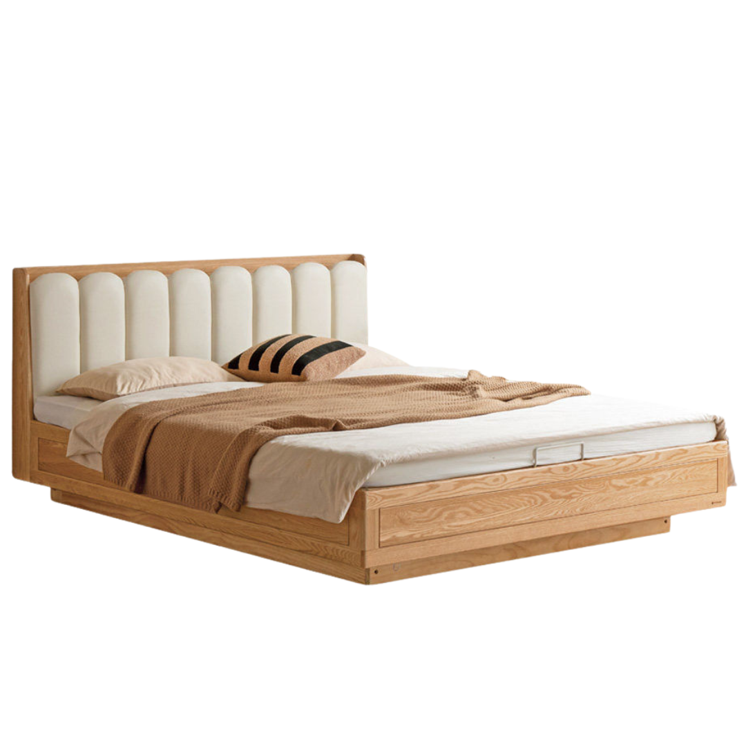 Oak Solid Wood Box Bed — Suspension and Upholstered with Genuine Leather Piano Key Design