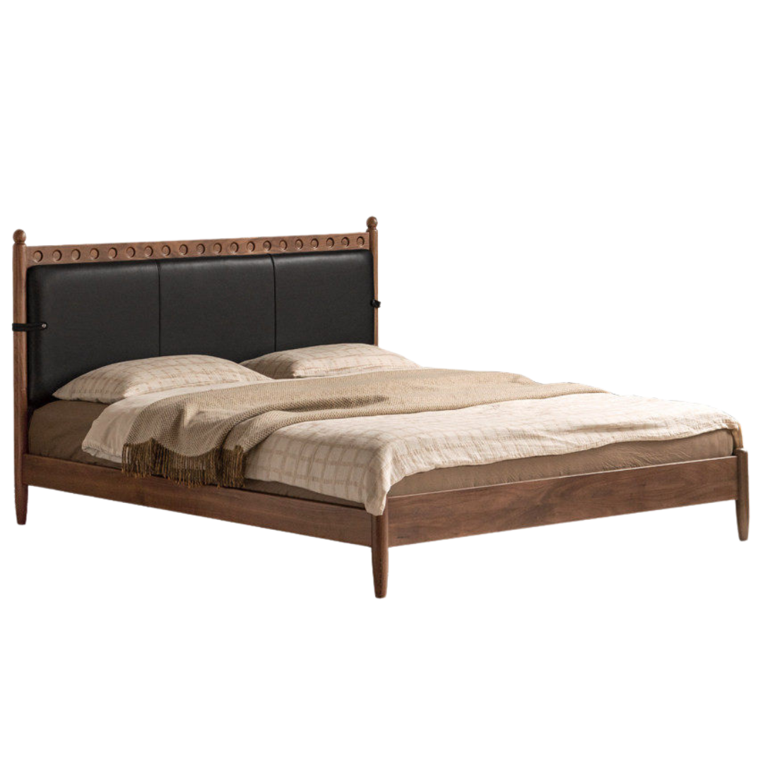 Black Walnut Solid Wood Bed — French Retro Style with Soft Backrest and Genuine Leather Upholstery