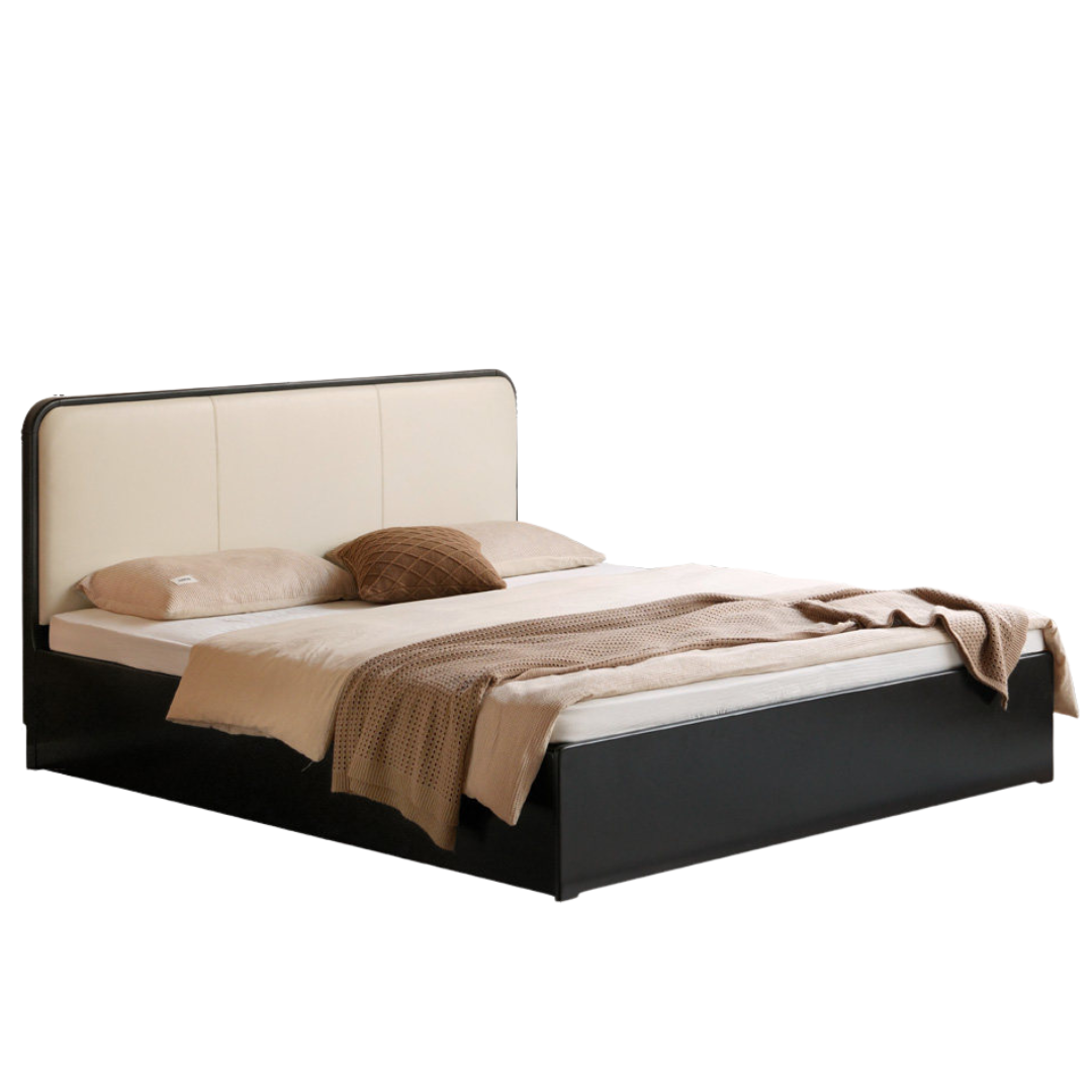 Rubberwood Solid Wood Box Bed — Modern Minimalist Black Upholstered Bed with Storage and Genuine Leather