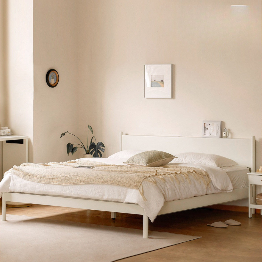 Pine Solid Wood Bed — Nordic Minimalist Cream Style Large Bed