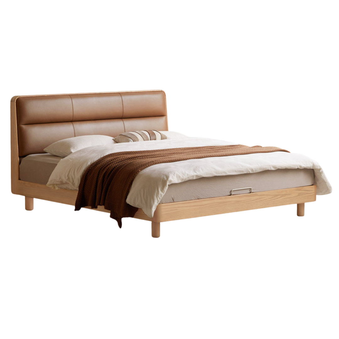 Oak, Ash Solid Wood Bed with Genuine Leather Upholstered Headboard and Storage