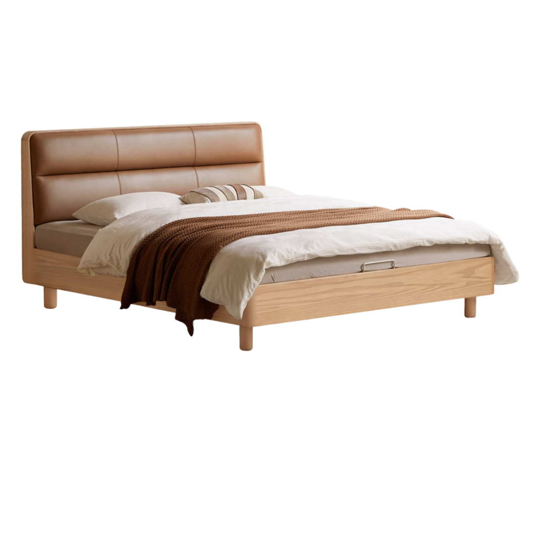 Oak, Ash Solid Wood Bed with Genuine Leather Upholstered Headboard and Storage