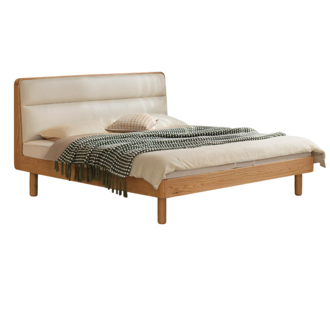 Oak, Ash Solid Wood Bed with Genuine Leather Upholstered Headboard and Storage