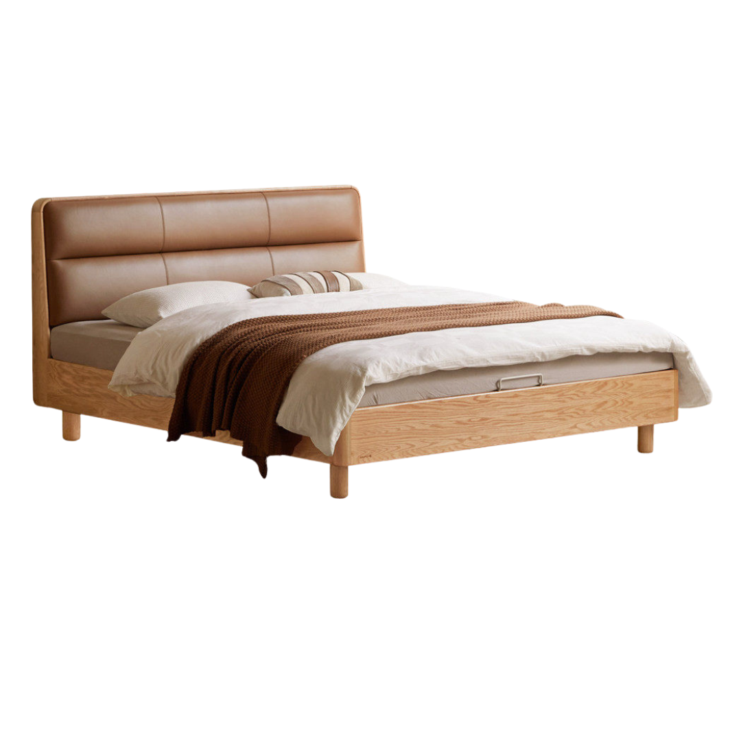 Oak, Ash Solid Wood Bed with Genuine Leather Upholstered Headboard and Storage
