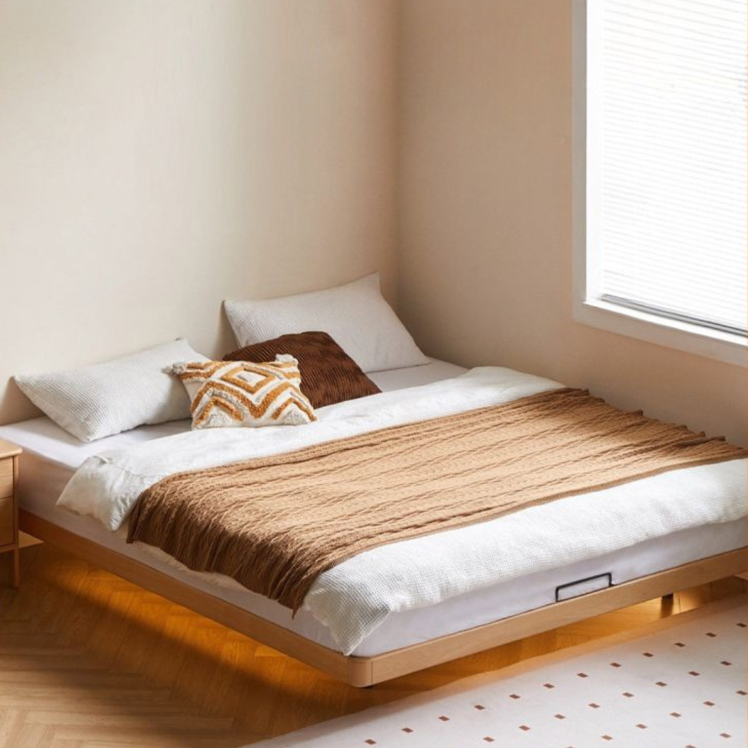 Beech Solid Wood Platform Bed, Headboard-Free Bed, Flush-Edge Floating Bed