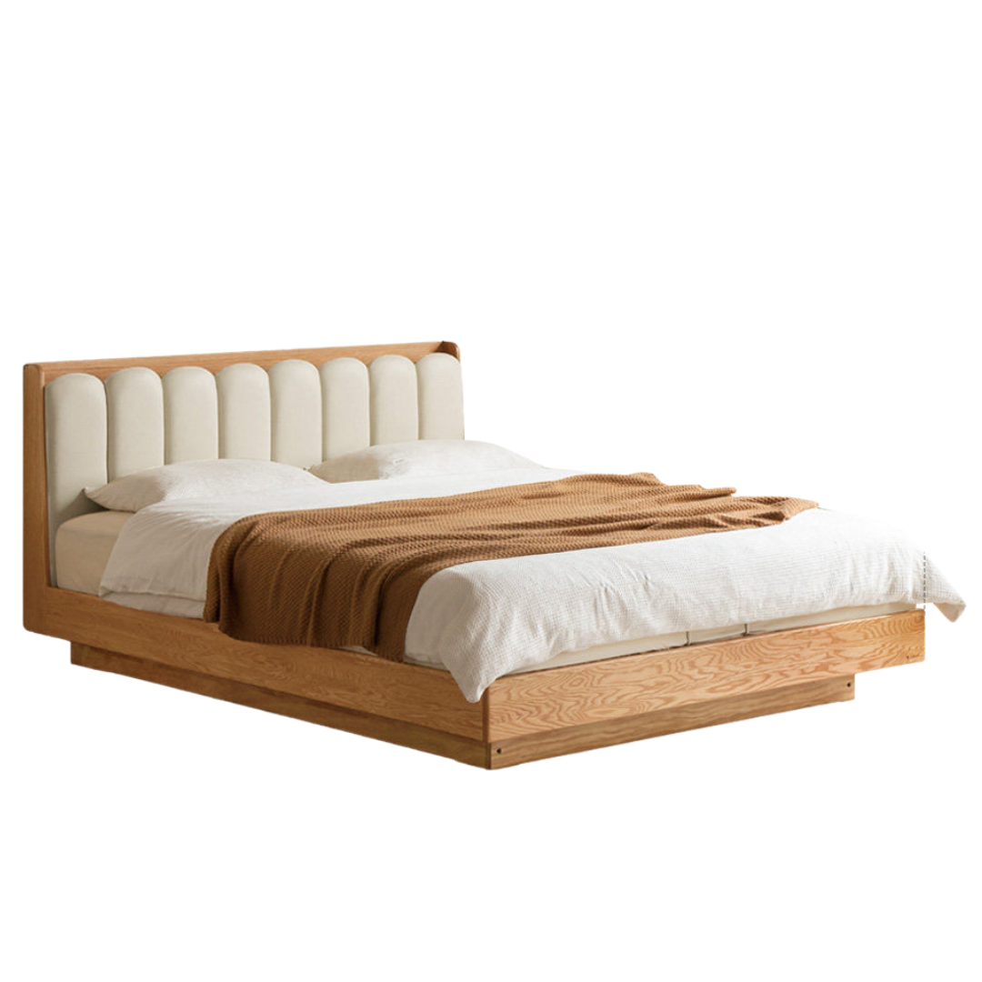 Oak Solid Wood Box Bed — Suspension and Upholstered with Genuine Leather Piano Key Design