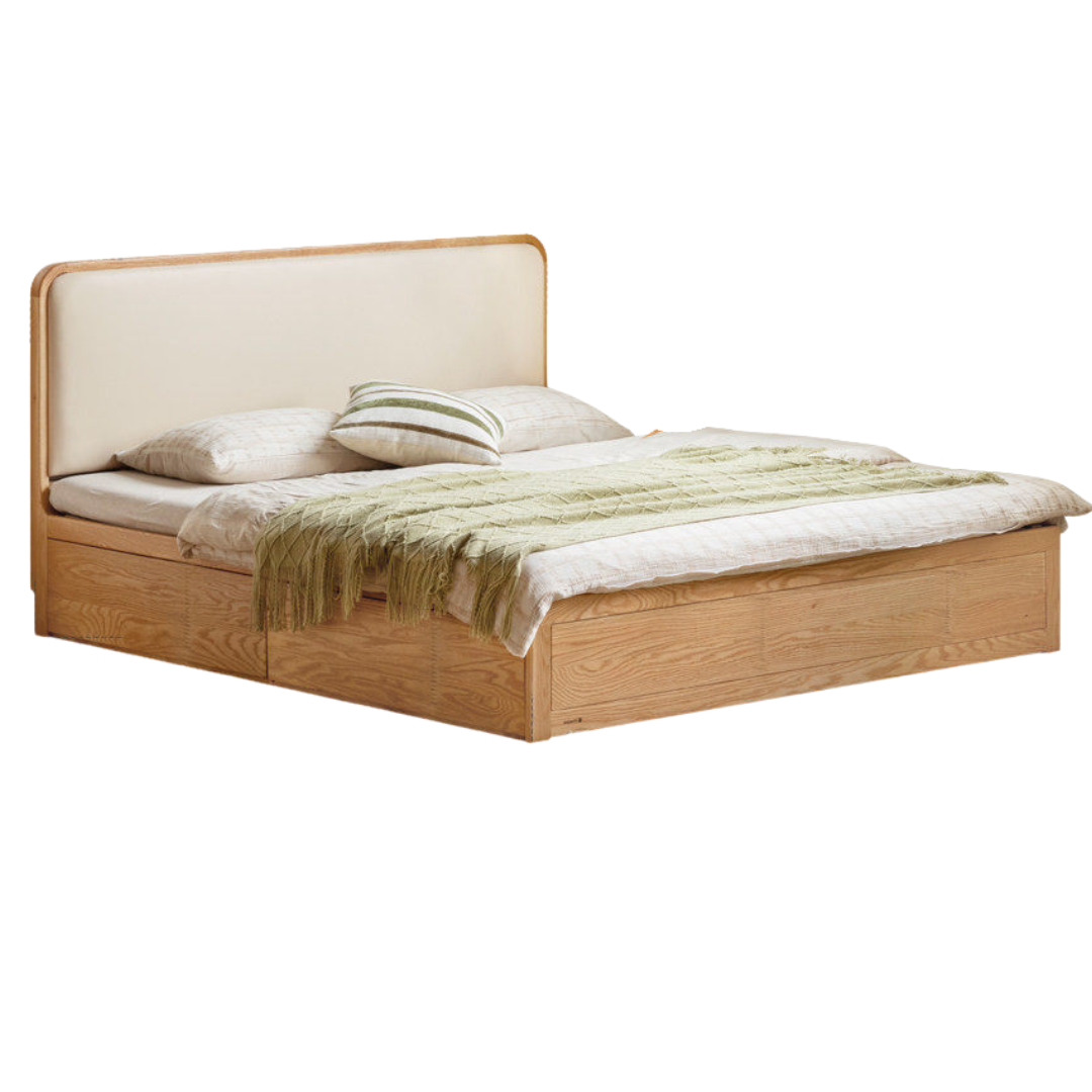 Oak, Rubberwood Solid Wood Genuine Leather, Eco-leather Box Bed