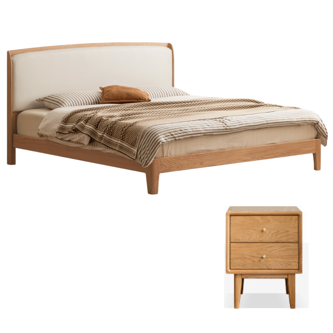 Oak Solid Wood Bed — Modern Minimalist, Genuine Leather Upholstered Bed