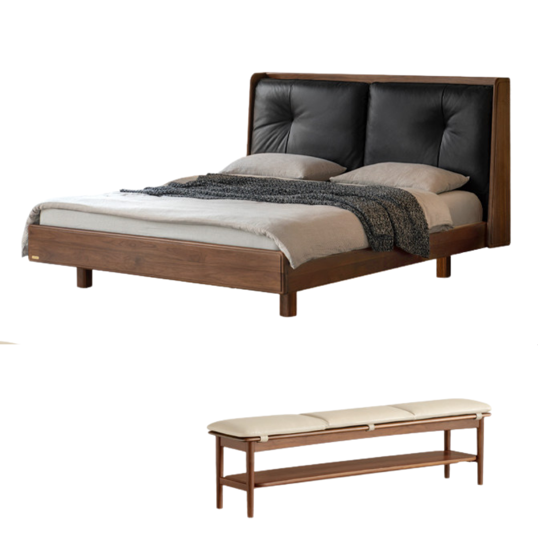 Black Walnut Solid Wood Italian Light Luxury Genuine Leather Soft Bed