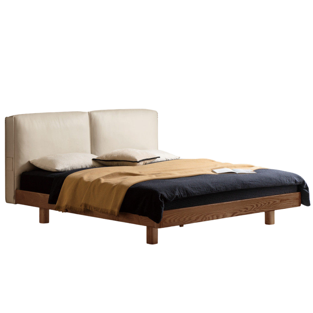 Ash Solid Wood Floating Bed — Modern Minimalist, Genuine Leather Upholstery