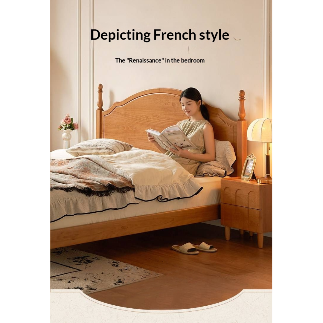 Birch Solid Wood Bed — French Retro Style, Large Slab Design, Mid-Range Style