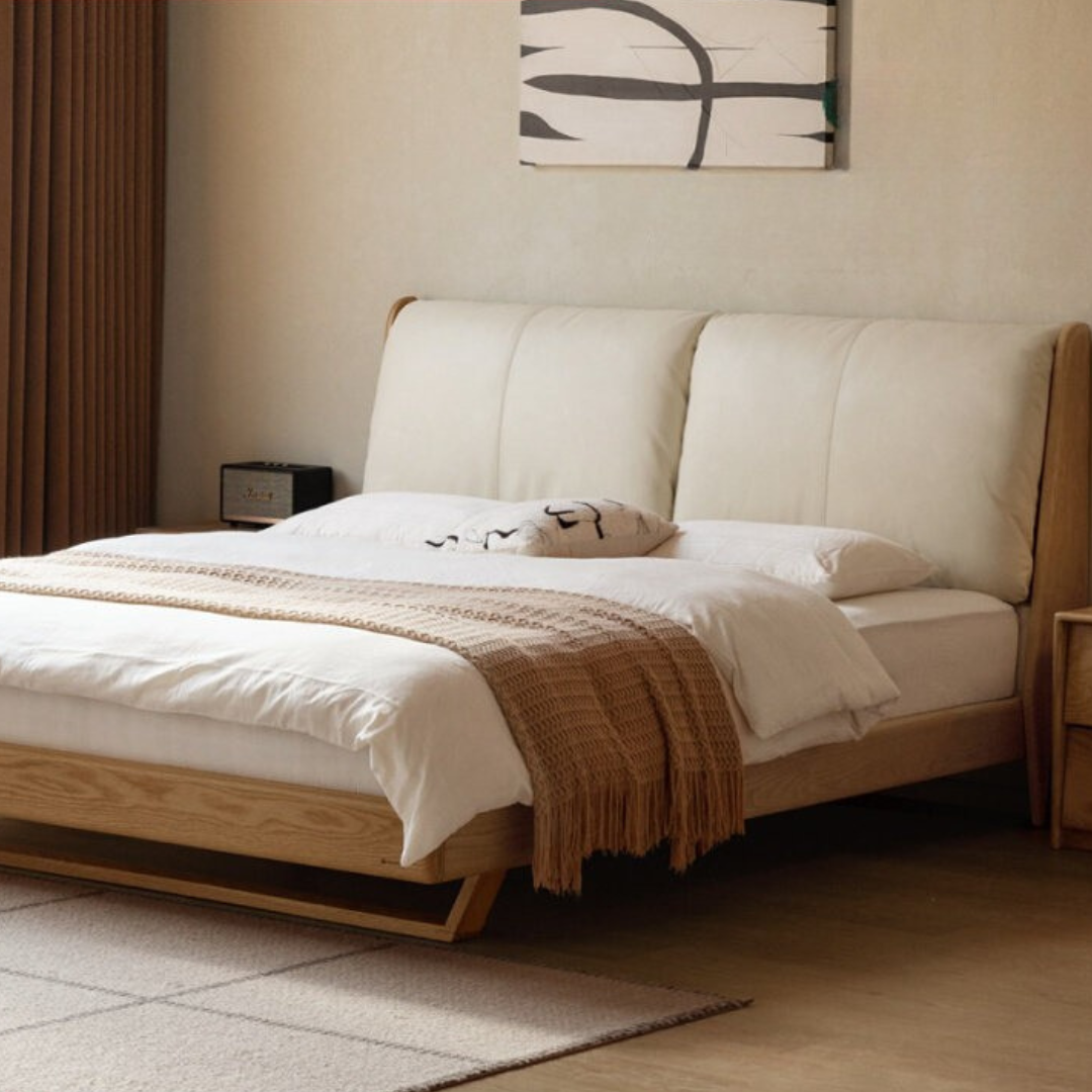 Oak Solid Wood Bed — Italian Light Luxury with White Genuine Leather and Soft Backrest