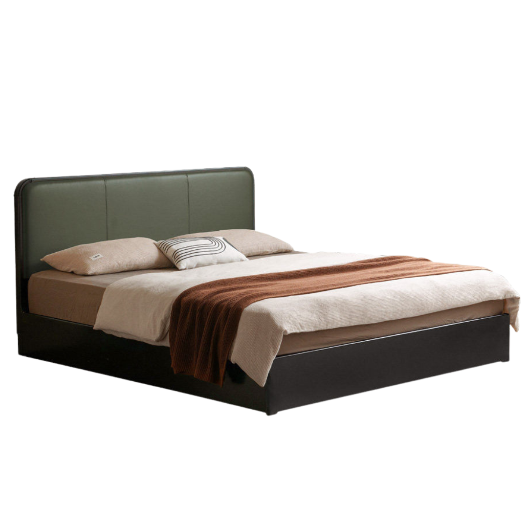 Rubberwood Solid Wood Box Bed — Modern Minimalist Black Upholstered Bed with Storage and Genuine Leather