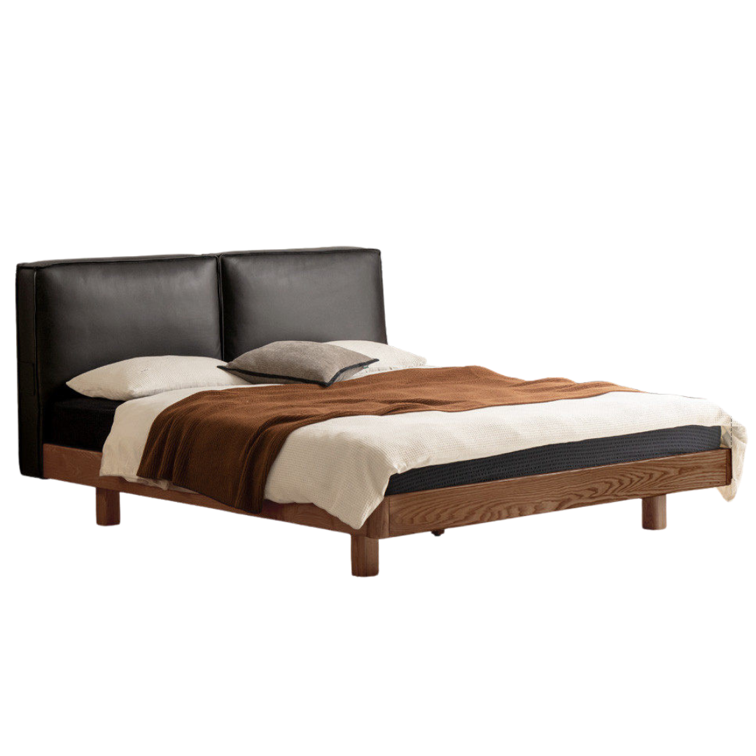 Ash Solid Wood Floating Bed — Modern Minimalist, Genuine Leather Upholstery