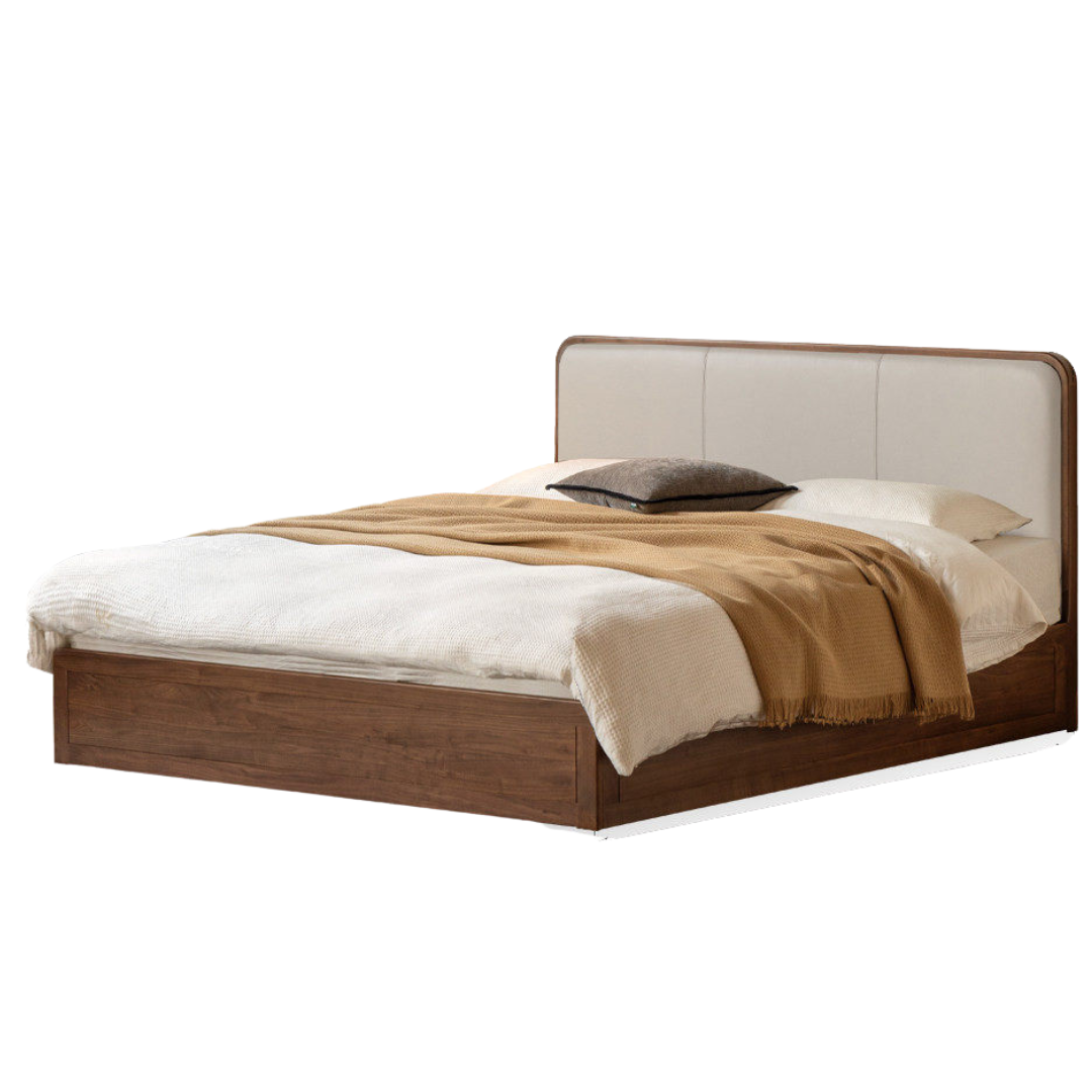 Black Walnut Solid Wood Box Bed — Soft Headboard, Italian Light Luxury Genuine Leather Bed