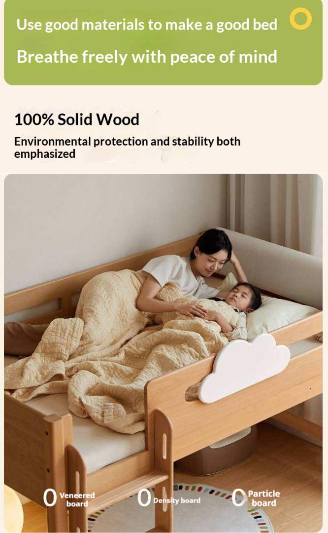 Beech Solid Wood Children's Loft Bed with Under-Table and Storage