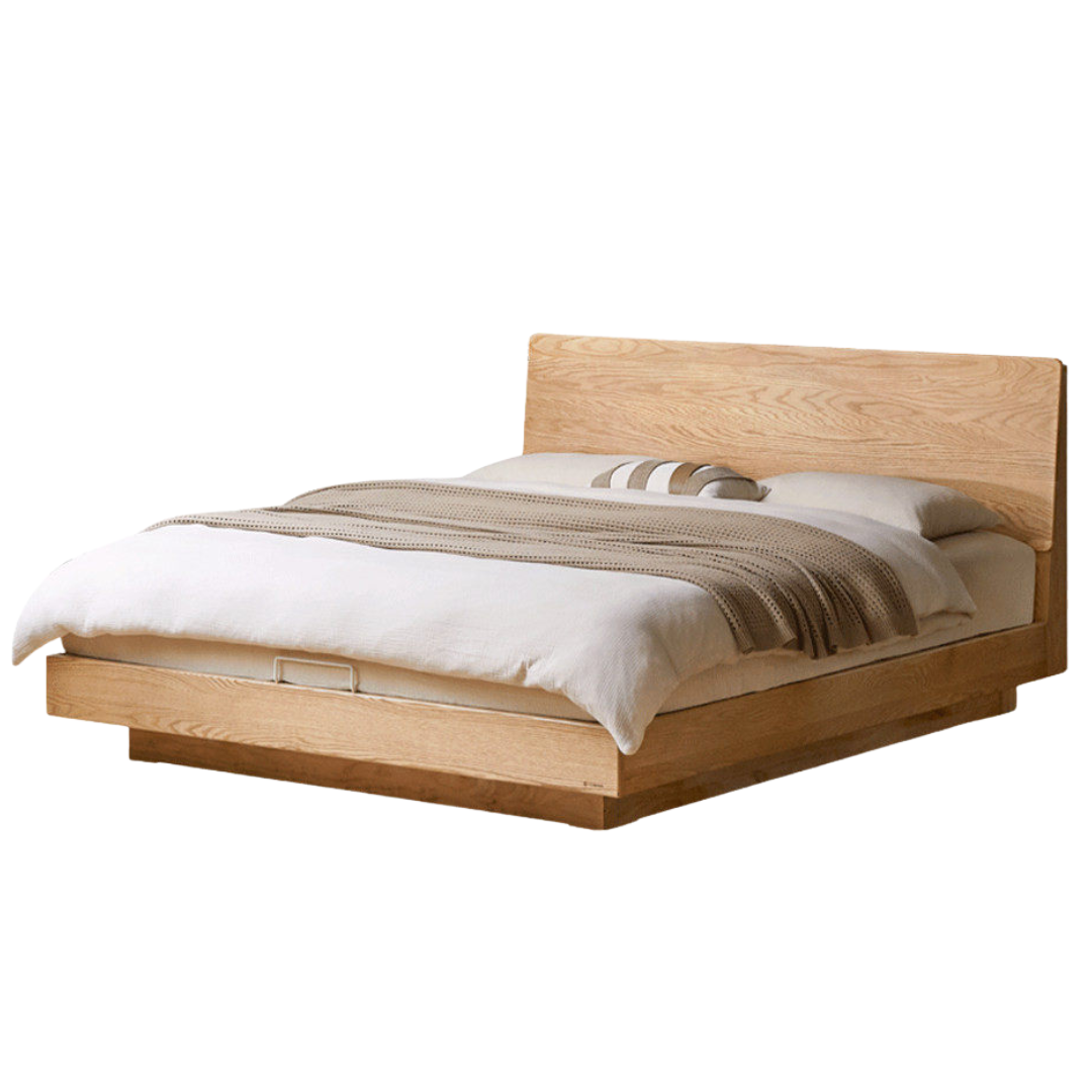 Oak Solid Wood Bed — Modern Minimalist Slab Box Design