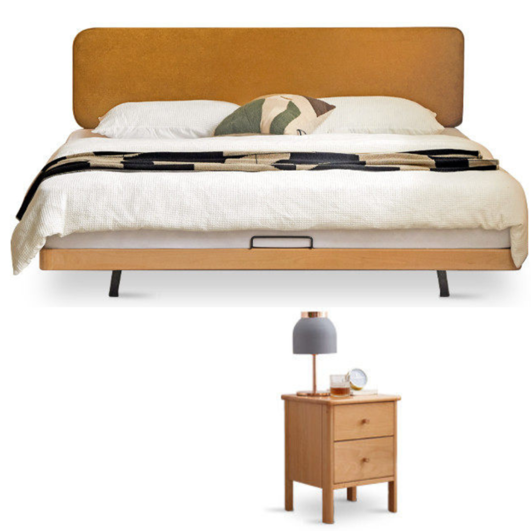 Beech Solid Wood Upholstered Bed — Retro Style with Floating Design, Luminous Light, Luxury Finish