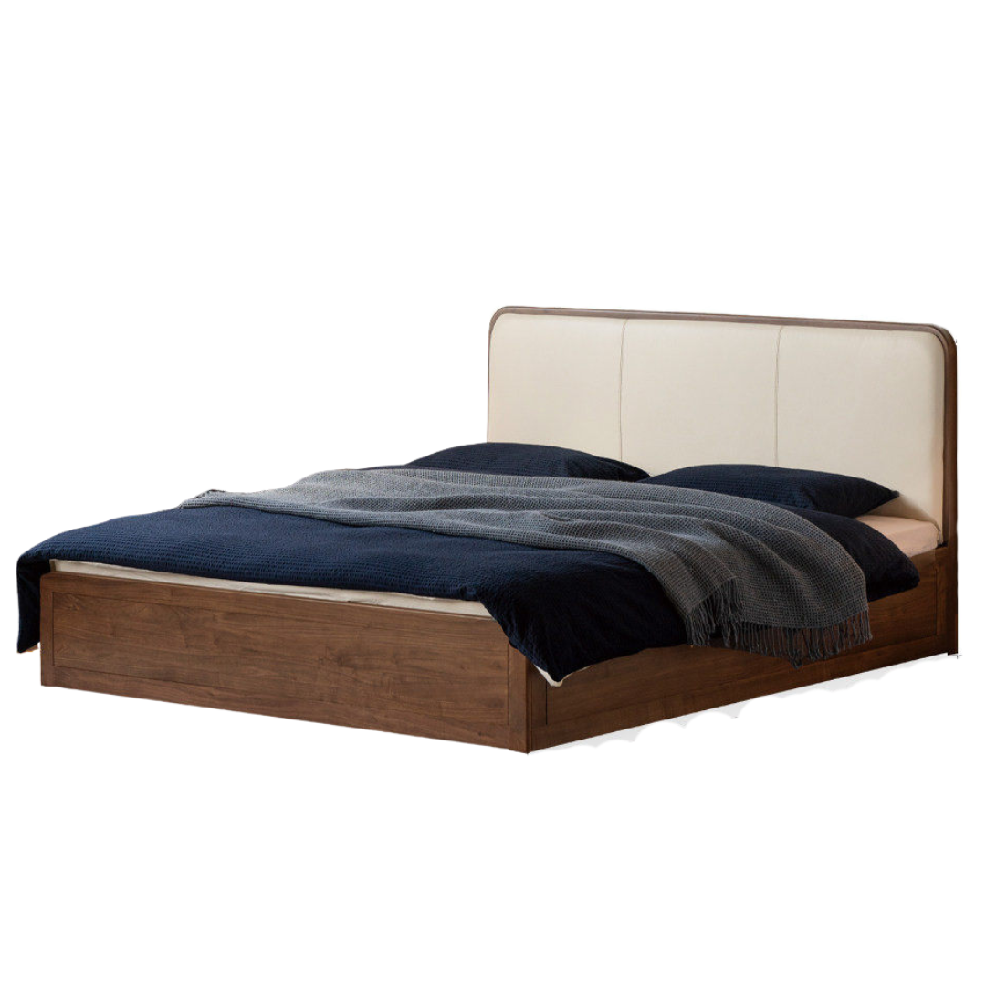 Black Walnut Solid Wood Box Bed — Soft Headboard, Italian Light Luxury Genuine Leather Bed