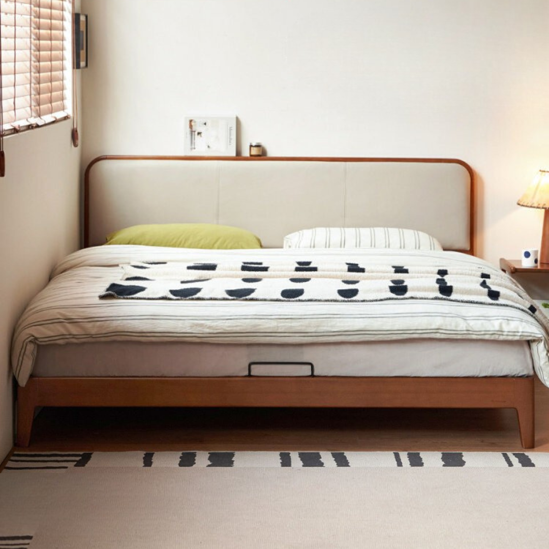 Poplar Solid Wood Bed — Vintage Style with Soft Backrest, Genuine Leather and Edge Finish