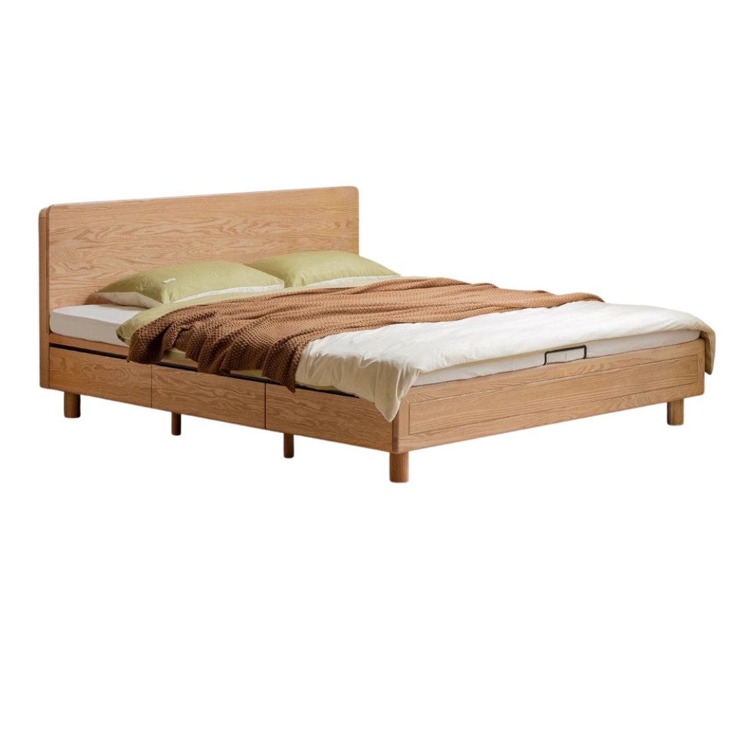 Oak Solid Wood Platform Storage Bed with Hidden Drawers and Bedside Shelf