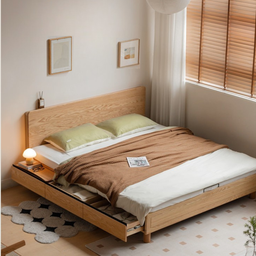 Oak Solid Wood Platform Storage Bed with Hidden Drawers and Bedside Shelf