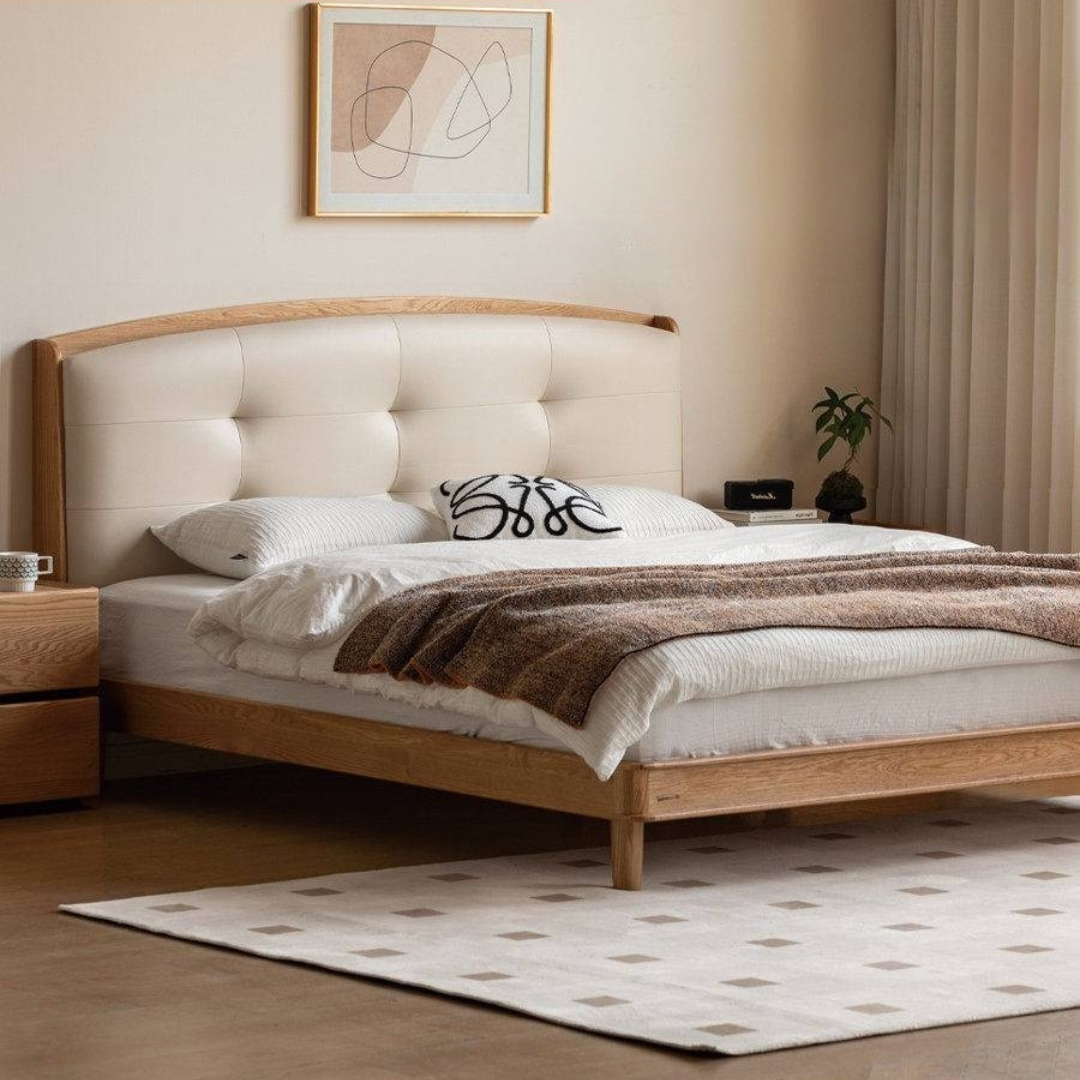 Oak Solid Wood Bed — Simple Style with Multifunctional Upholstered Design